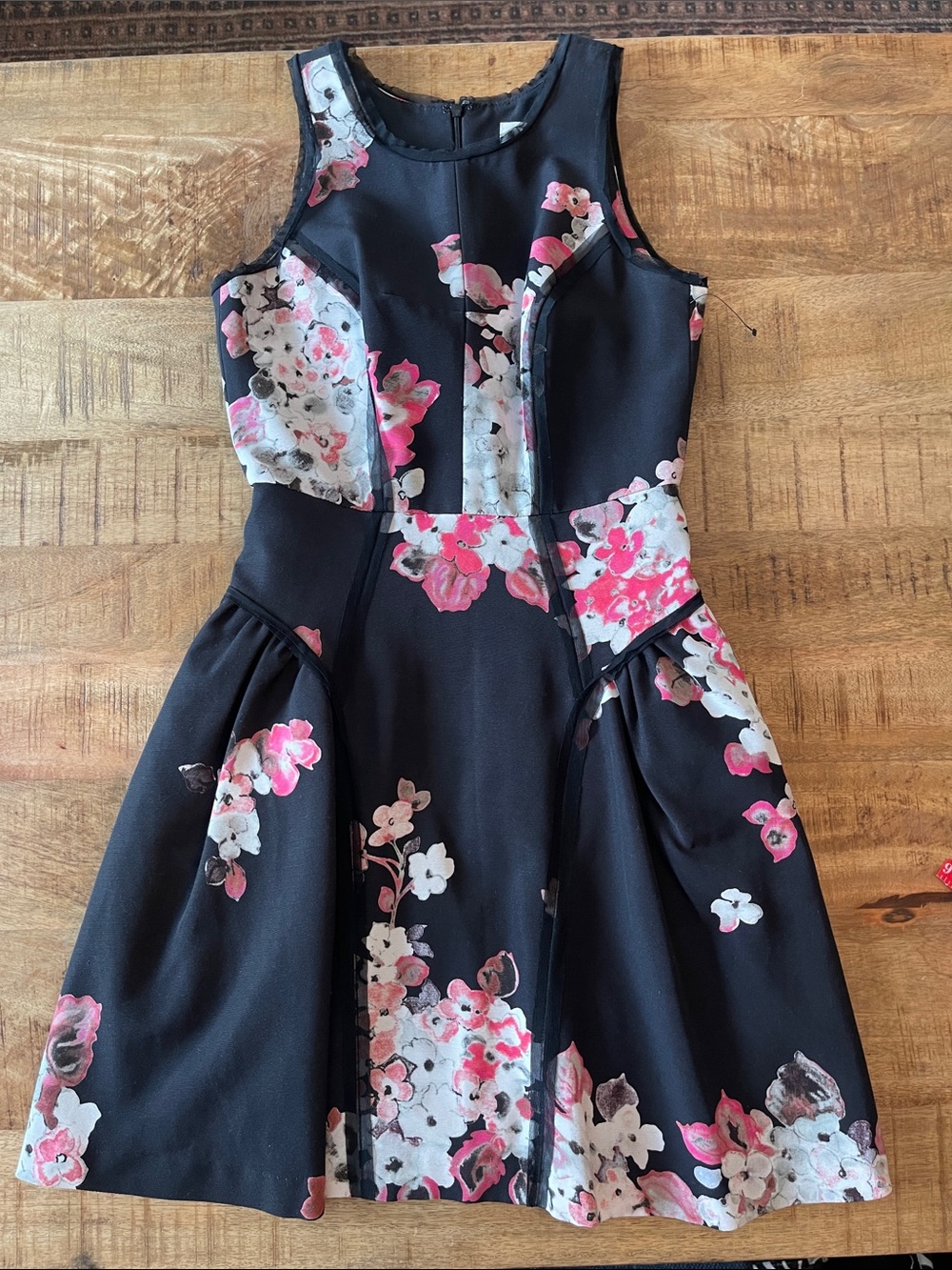 Milly Dark Floral Sleeveless Dress Bustier Style Seaming Mini Pockets Tulle